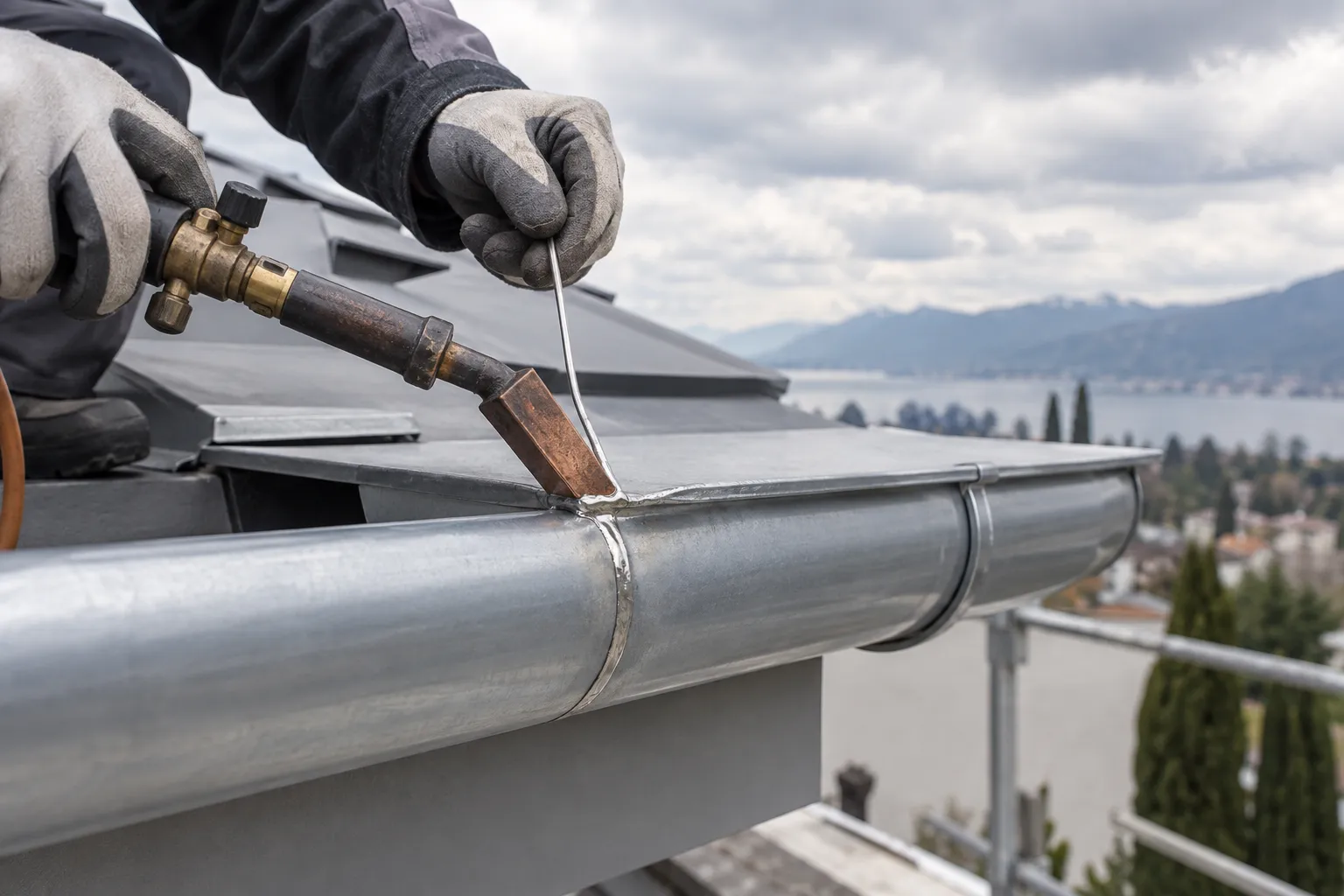 Soldering a zinc gutter with tin-lead solder