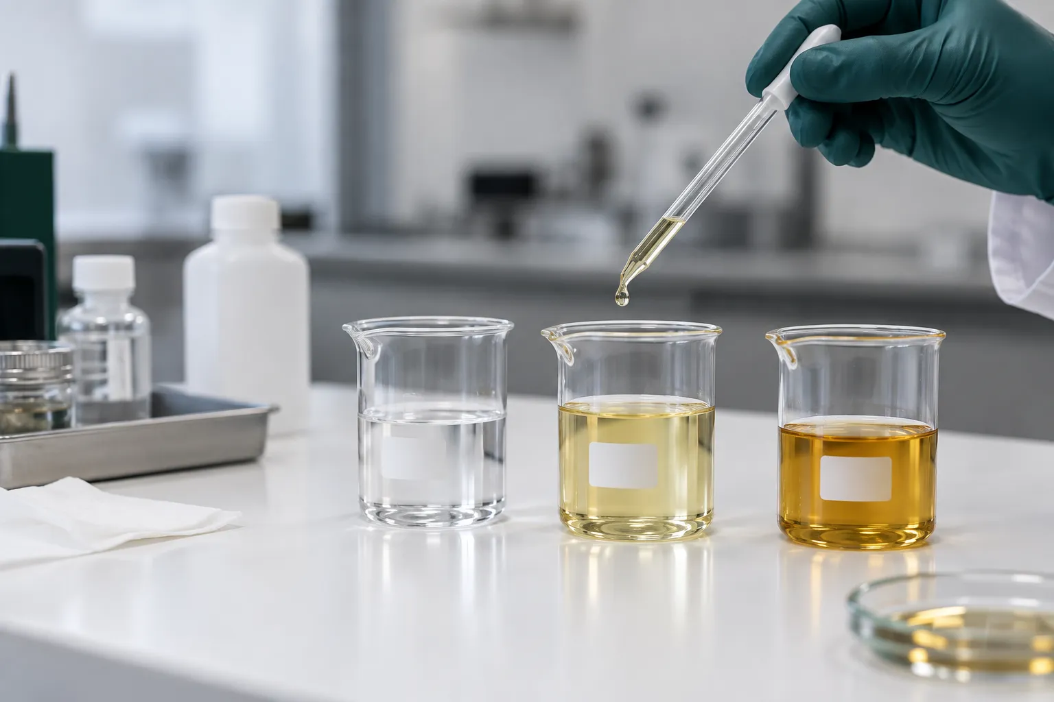 Fundentes líquidos de distinta actividad en vasos de laboratorio