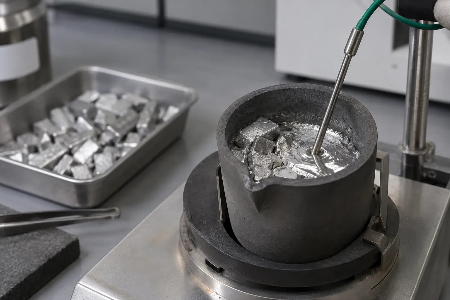 Aleación de estaño fundiéndose en un crisol de laboratorio