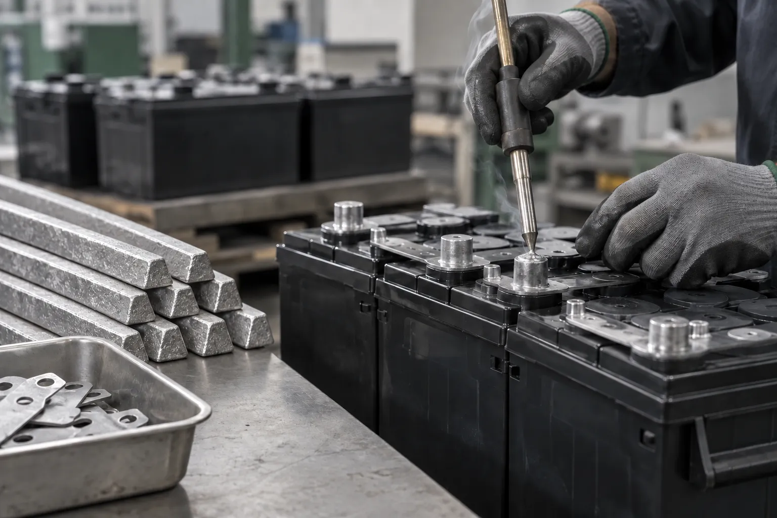Alloy ingots and lead-acid battery terminals during assembly